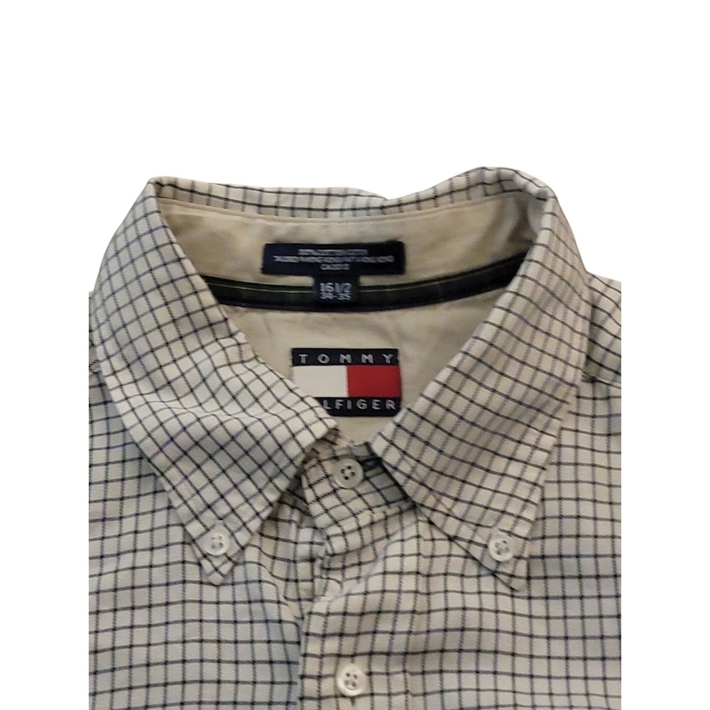Tommy Hilfiger Shirt Men's White Blue Check Button Up Long Sleeve 16.5 34-35